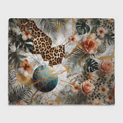 Плед флисовый Мрамор с цветами и леопардовый узор, цвет: 3D-велсофт