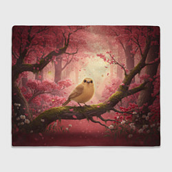 Плед флисовый Желтая птица в розовом цветущем лесу, цвет: 3D-велсофт