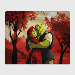Плед флисовый Шрек и Фиона обнимаются в осеннем лесу, цвет: 3D-велсофт