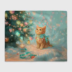 Плед флисовый Милый рыжий котенок любуется елкой, цвет: 3D-велсофт