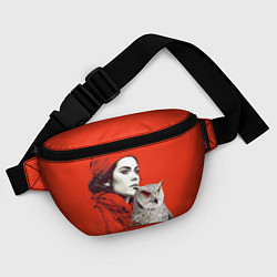Поясная сумка Леди в красном с совой, цвет: 3D-принт — фото 2