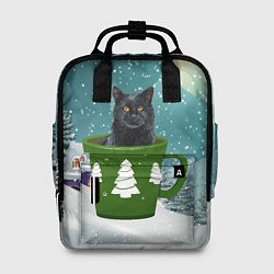 Рюкзак женский Черный кот в кружке, цвет: 3D-принт