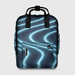 Рюкзак женский Неоновый свет Волны голубые на темном фоне, цвет: 3D-принт