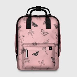 Женский рюкзак Цветочки и бабочки на розовом фоне