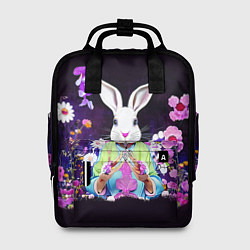 Рюкзак женский Кролик в цветах на черном фоне, цвет: 3D-принт