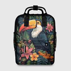 Женский рюкзак Тукан на фоне тропических листьев: арт нейросети