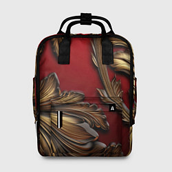 Рюкзак женский Золотые объемные листья на красном фоне, цвет: 3D-принт