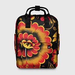 Рюкзак женский Хохломская роспись красно-жёлтые цветы на чёрном ф, цвет: 3D-принт