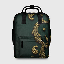 Рюкзак женский Лепнина золотые узоры на зеленой ткани, цвет: 3D-принт