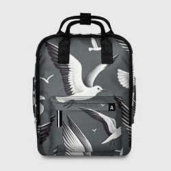 Женский рюкзак Белый силуэт Чайки на сером - морской паттерн