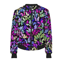 Бомбер женский Витражные бабочки, цвет: 3D-черный