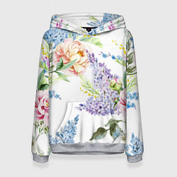 Толстовка-худи женская Сирень и Пионы, цвет: 3D-меланж