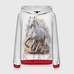 Толстовка-худи женская Белая конь мчится галопом, цвет: 3D-красный