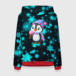 Толстовка-худи женская Новогодний пингвин, цвет: 3D-красный
