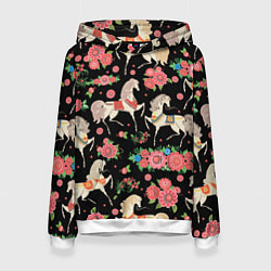 Толстовка-худи женская Лошади и цветы, цвет: 3D-белый
