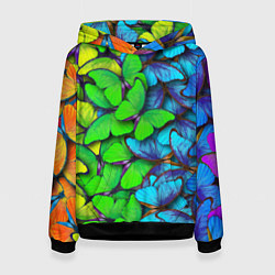 Толстовка-худи женская Радужные бабочки, цвет: 3D-черный