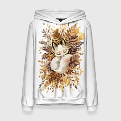 Толстовка-худи женская Лисичка спит в листьях, цвет: 3D-белый