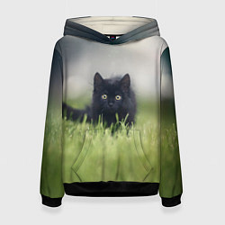 Толстовка-худи женская Черный кот на лугу, цвет: 3D-черный