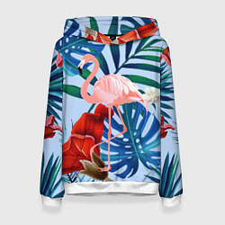 Толстовка-худи женская Фламинго в папоротнике, цвет: 3D-белый