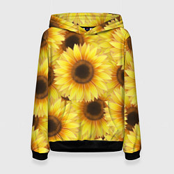 Толстовка-худи женская Подсолнухи в поле, цвет: 3D-черный
