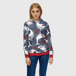 Толстовка-худи женская Акулы, цвет: 3D-красный — фото 2