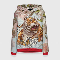 Толстовка-худи женская Тигр в облаках, цвет: 3D-красный