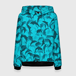 Толстовка-худи женская Синий камуфляж с дельфинами, цвет: 3D-черный