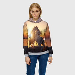 Толстовка-худи женская Лошади на закате, цвет: 3D-меланж — фото 2