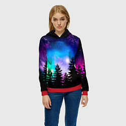 Толстовка-худи женская Космический лес, елки и звезды, цвет: 3D-красный — фото 2