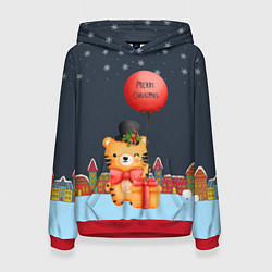 Толстовка-худи женская Новогодний тигренок с красным шариком, цвет: 3D-красный