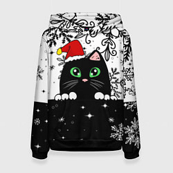 Толстовка-худи женская Новогодний кот в колпаке Санты, цвет: 3D-черный
