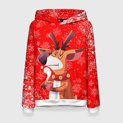 Толстовка-худи женская НОВОГОДНИЙ ОЛЕНЬ И ЧАШКА КОФЕ, цвет: 3D-белый