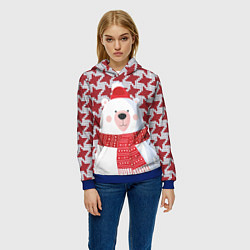 Толстовка-худи женская Белый мишка в шапочке и шарфе, цвет: 3D-синий — фото 2