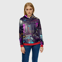 Толстовка-худи женская Городской киберпанк, цвет: 3D-красный — фото 2