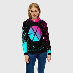 Толстовка-худи женская EXO BAND NEON LOGO НЕОНОВЫЕ БРЫЗГИ КРАСОК, цвет: 3D-черный — фото 2