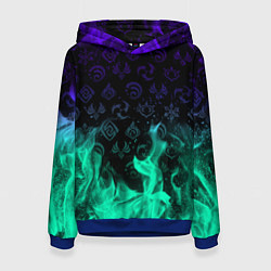 Толстовка-худи женская НЕОНОВЫЙ ОГОНЬ ГЕНШИН ИМПАКТ СИМВОЛЫ, цвет: 3D-синий