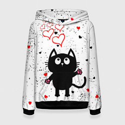 Толстовка-худи женская Влюблённый котик Cat Love, цвет: 3D-черный