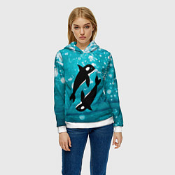 Толстовка-худи женская Кит косатка в океане, цвет: 3D-белый — фото 2