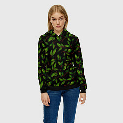 Толстовка-худи женская Яркие зеленые листья на черном фоне, цвет: 3D-черный — фото 2