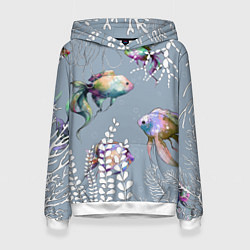 Толстовка-худи женская Разноцветные акварельные рыбки и белые водоросли, цвет: 3D-белый
