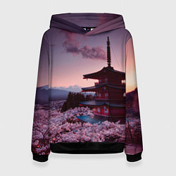 Толстовка-худи женская Цветение сакуры в Японии, цвет: 3D-черный