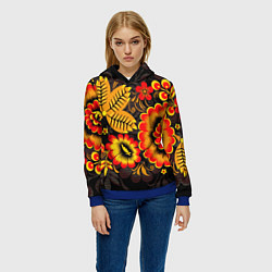 Толстовка-худи женская Хохломская Роспись Цветы На Тёмном Фоне, цвет: 3D-синий — фото 2