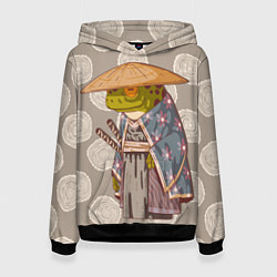Толстовка-худи женская Самурай-лягушка воин, цвет: 3D-черный