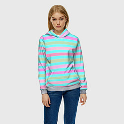 Толстовка-худи женская Pink turquoise stripes horizontal Полосатый узор, цвет: 3D-меланж — фото 2