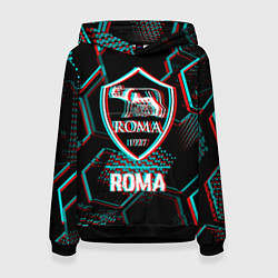 Толстовка-худи женская Roma FC в стиле Glitch на темном фоне, цвет: 3D-черный