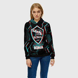 Толстовка-худи женская Roma FC в стиле Glitch на темном фоне, цвет: 3D-черный — фото 2