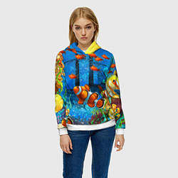 Толстовка-худи женская Затонувший корабль в окружении обитателей океана, цвет: 3D-белый — фото 2