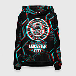 Толстовка-худи женская Leicester City FC в стиле glitch на темном фоне, цвет: 3D-черный