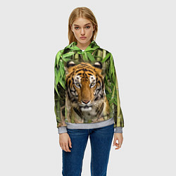 Толстовка-худи женская Матёрый тигр в зарослях бамбука, цвет: 3D-меланж — фото 2