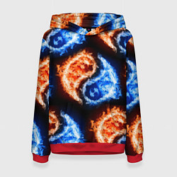 Толстовка-худи женская Инь - янь, огонь - вода, паттерн, цвет: 3D-красный